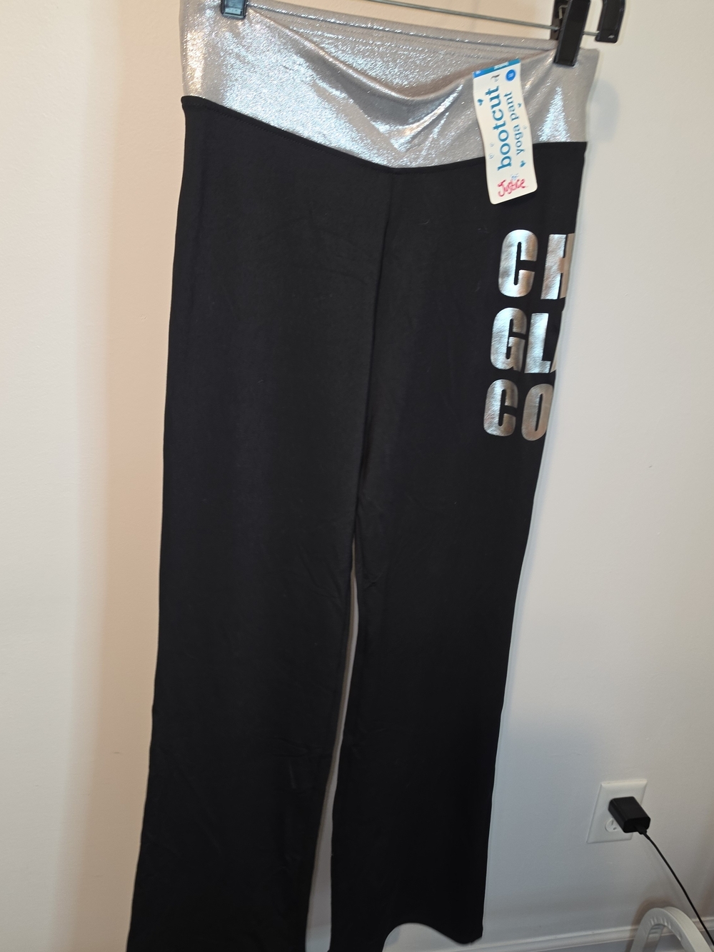 Justice Black Yoga Pants with Silver Fold-Over Waistband